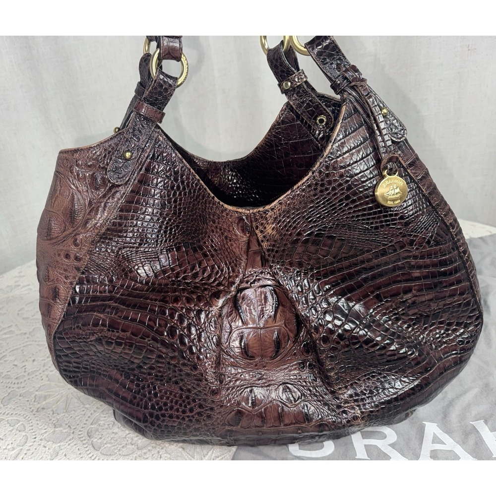 Vintage Brahmin Brown Croc Shoulder Bag Large Hobo Annie Purse Suede Lined